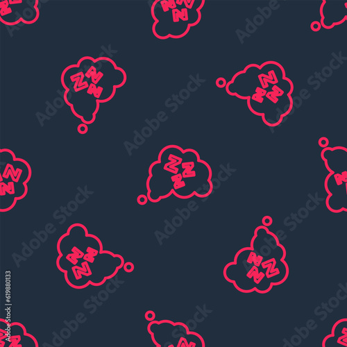 Red line Sleepy icon isolated seamless pattern on black background. Sleepy zzz talk bubble. Vector