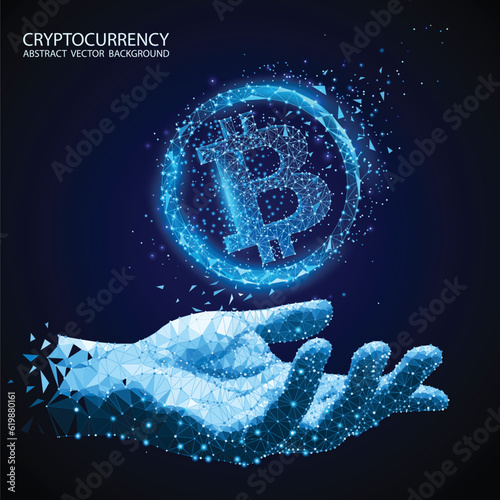 Blue abstract technology background. Vector. Polygonal human hand holds bitcoin. Electronic cryptocurrency and modern technology. Blockchain Low poly image. Internet banking and finance.