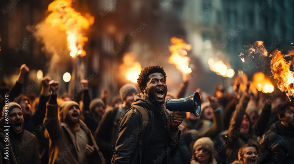 Fototapeta premium Black man marching with crowd of people with raised fists and fire on background on public demonstrations. Generative AI.