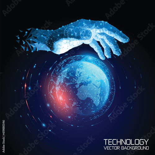 Vector. Dark blue abstract tech background. The human hand covers the planet Earth. Futuristic polygonal image. Modern technologies. Dynamics and movement. Virtual reality and nanotechnologies. 