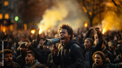 Canvas Print African American young man screaming in megaphone at protest for human rights outdoors in smoke against violence