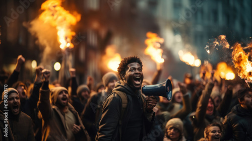 Black man marching with crowd of people with raised fists and fire on background on public demonstrations. Generative AI. photo