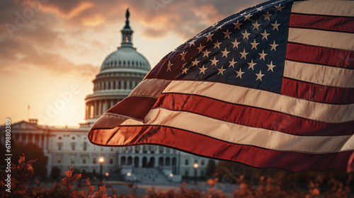 Capitol building and american flag, Washington DC, United States of America. Generative AI. photo