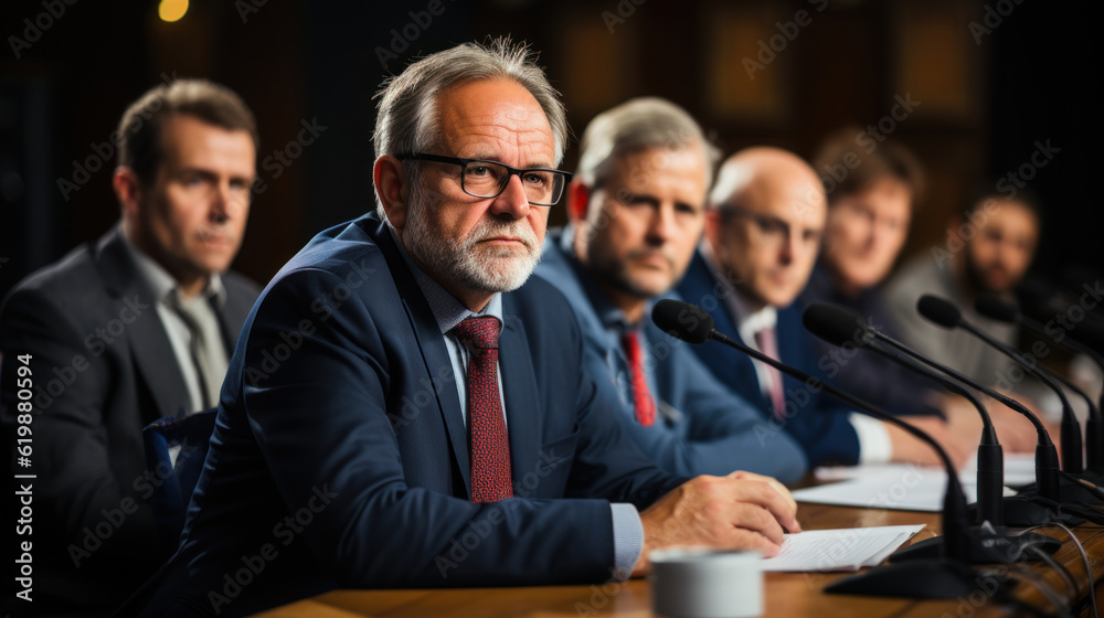Senior politician talking to group of people, while sitting at a table in front of his team during a meeting. Generative AI. - obrazy, fototapety, plakaty 