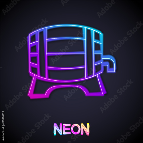 Glowing neon line Wooden barrel on rack with stopcock icon isolated on black background. Vector