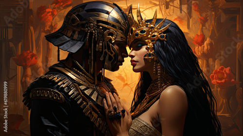 Imagining Isis and Osiris - a woman wearing armor with a man standing beside her in a fantasy setting - Generative AI photo