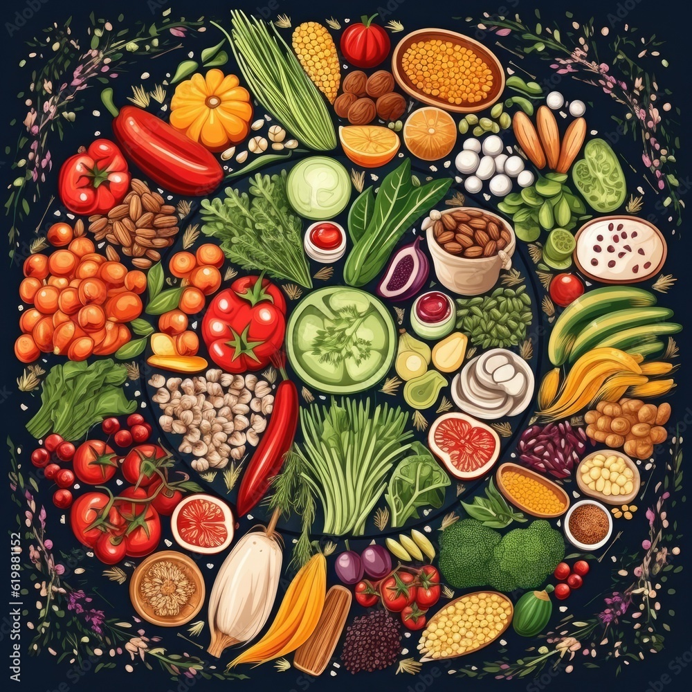 Fresh produce, herbs, pulses, seeds, and nuts for health. (Illustration, Generative AI)