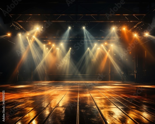 Spotlights create orange and yellow ambiance for stage or studio. (Illustration, Generative AI)