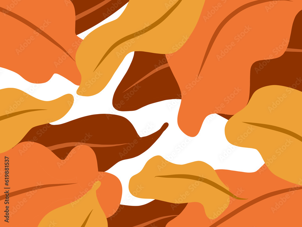 Illustration with leaves in shades of yellow, orange and brown. Wallpaper with autumn leaves. Print with leaves.