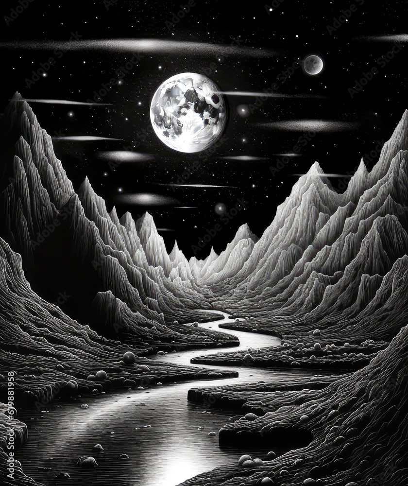 Φωτογραφία the moon lights up some landscapes in black and white, in the style of modernist