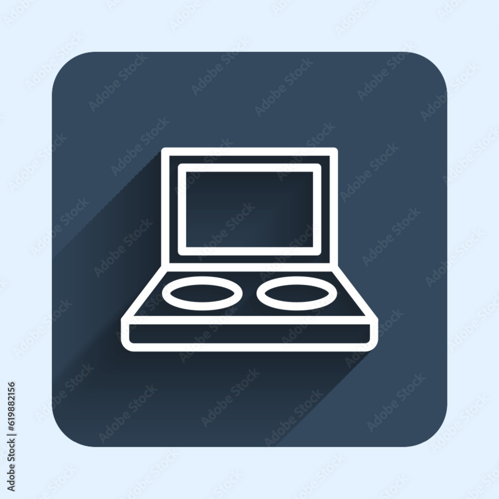 White line Eye shadow palette with brush icon isolated with long shadow background. Blue square button. Vector White line Eye shadow palette with brush icon isolated with long shadow background. Blue square button. Vector