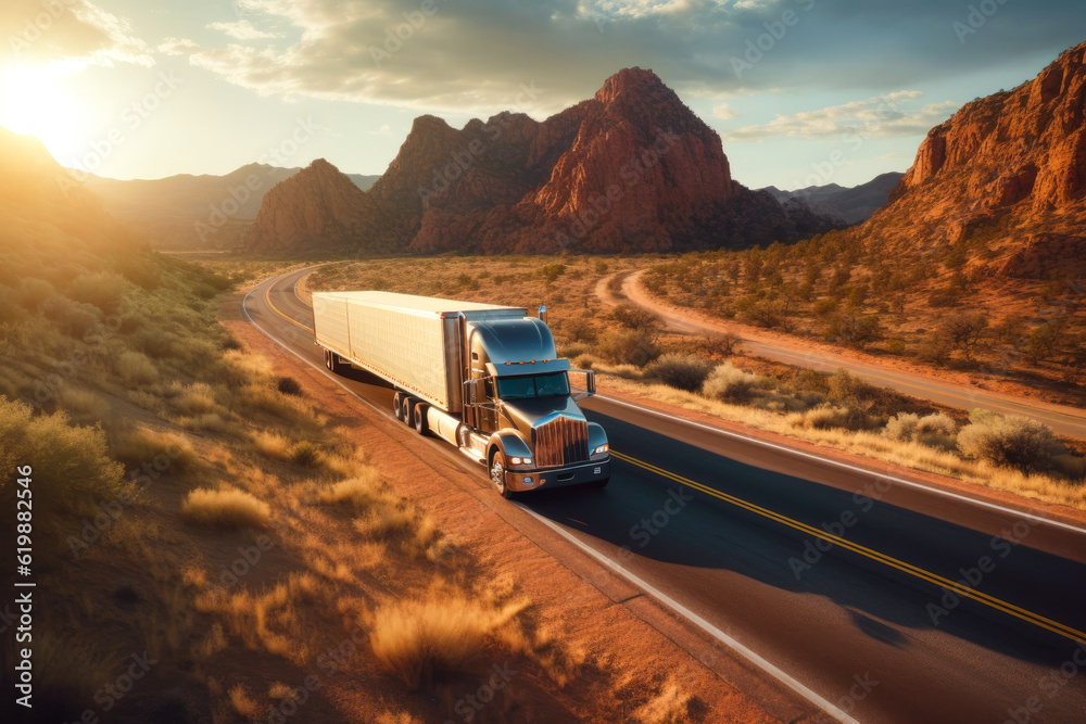 Majestic scene capturing a semi-truck effortlessly crossing the expansive terrain of the southwest United States. Generative AI