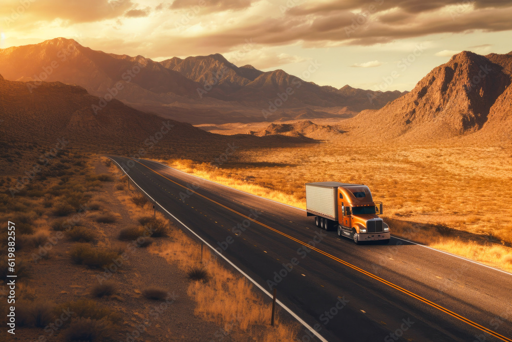 Fototapeta premium Majestic scene capturing a semi-truck effortlessly crossing the expansive terrain of the southwest United States. Generative AI