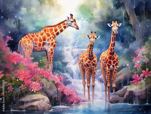 Watercolor image of beautiful giraffes