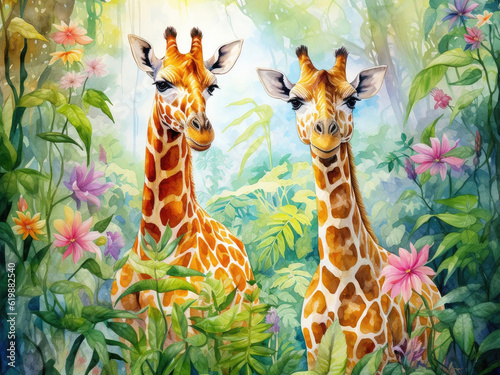 Watercolor image of beautiful giraffes