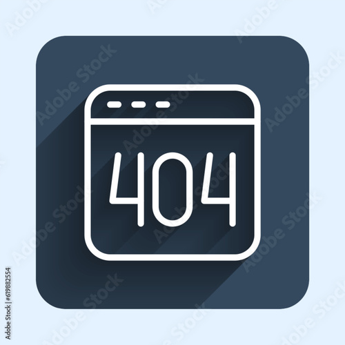 White line Page with a 404 error icon isolated with long shadow background. Template reports that the page is not found. Blue square button. Vector