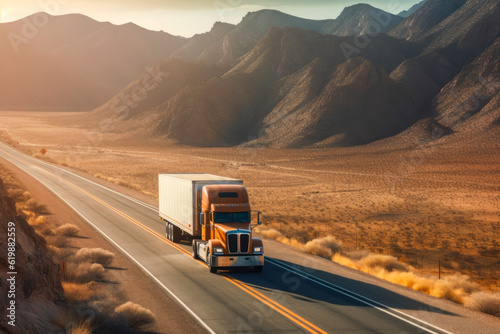 Majestic scene capturing a semi-truck effortlessly crossing the expansive terrain of the southwest United States. Generative AI