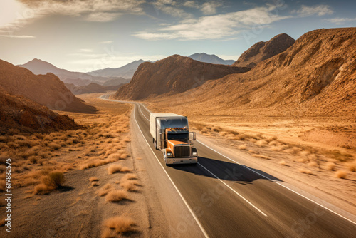 Majestic scene capturing a semi-truck effortlessly crossing the expansive terrain of the southwest United States. Generative AI