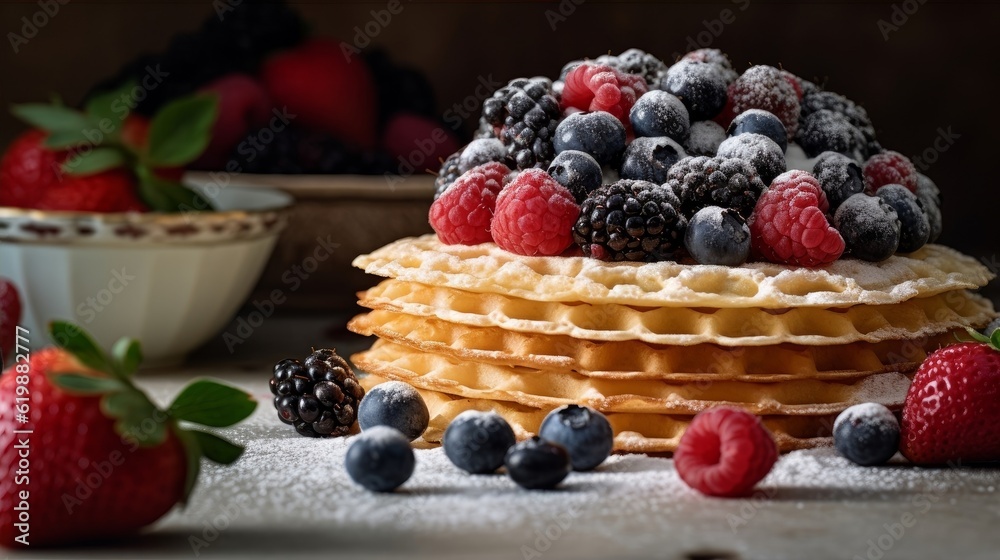Pizzelle stacked and surrounded by fresh berries Pizzelle stacked and surrounded by fresh berries