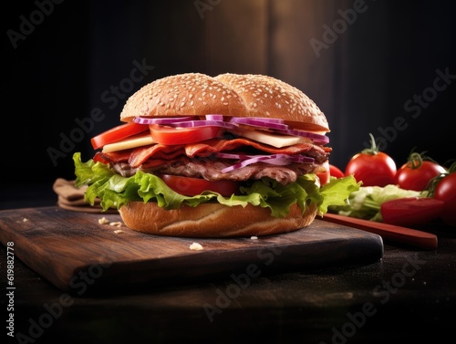 Bacon Burger on dark background (generative AI)