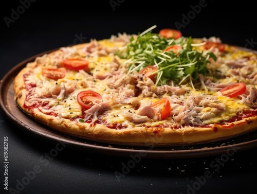 Tuna Pizza on dark background (generative AI)