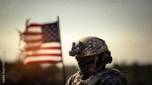 Soldat mit Helm und Amerikanische Flagge Nahaufnahme , ai generativ