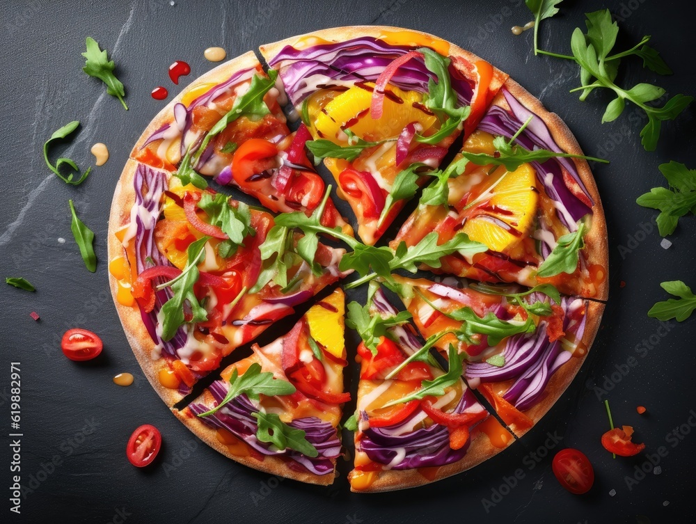 Vegetable Pizza on dark background (generative AI) Vegetable Pizza on dark background (generative AI)