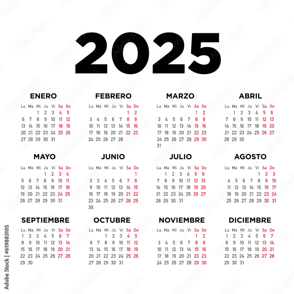 2025 calendario. Semana empieza el lunes. Idioma español Stock Vector