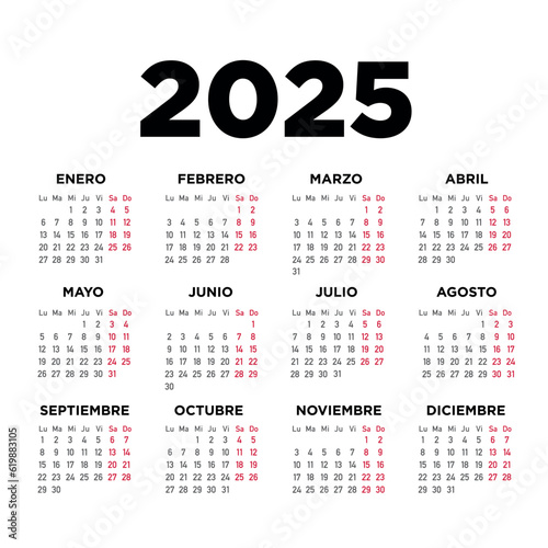 2025 calendario. Semana empieza el lunes. Idioma español