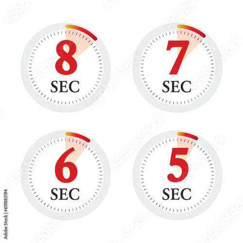 Set of digital timer 5, 6, 7, 8 seconds. Stopwatch icon. Vector Illustration.
