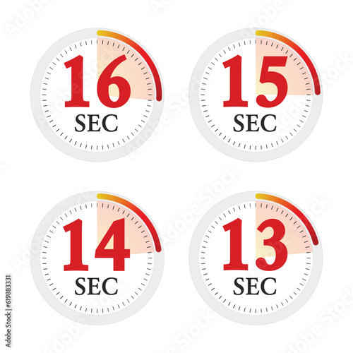 Set of digital timer 13, 14, 15, 16 seconds. Stopwatch icon. Vector Illustration.