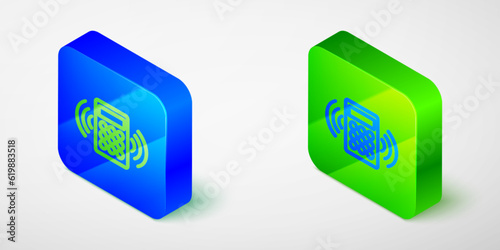 Isometric line Security system control panel with display icon isolated on grey background. Keypad of security system for entering inside. Blue and green square button. Vector