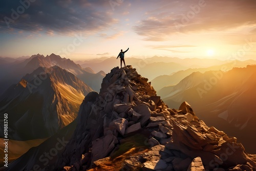 Man standing on top of a cliff at sunset with sunlight watching the beautiful mountains high edge mountain. Epic shot of achievement success and celebrating winning or freedom concept. Generative AI © Synesthesia AI Stock