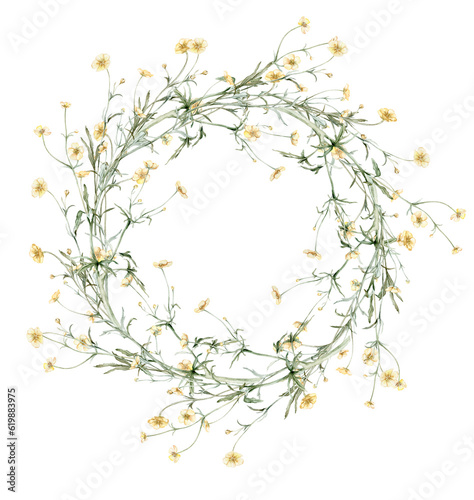 Fototapeta Naklejka Na Ścianę i Meble -  Wreath of yellow flower meadow, forest flowers. Buttercup known as Ranunculus acris, sitfast, spearworts or water crowfoots.Watercolor hand painting illustration on isolate. , circlet of flowers