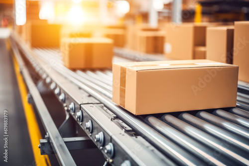 Closeup of a cardboard box package seamlessly moving along a conveyor belt in a warehouse, generative ai © MVProductions
