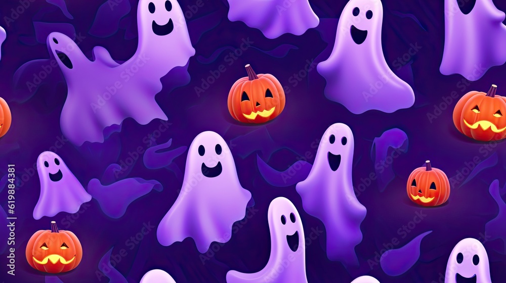 Pastel Ghosts silhouette and pumpkins on dark wallpaper, in the style of purple and amber, seamless Halloween background