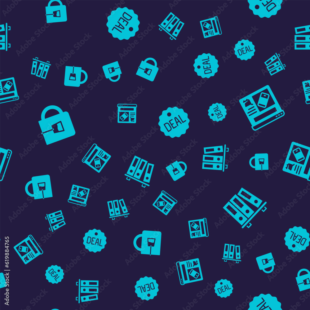 Set Cup of tea, Online shopping on screen, Deal and Office folders on seamless pattern. Vector
