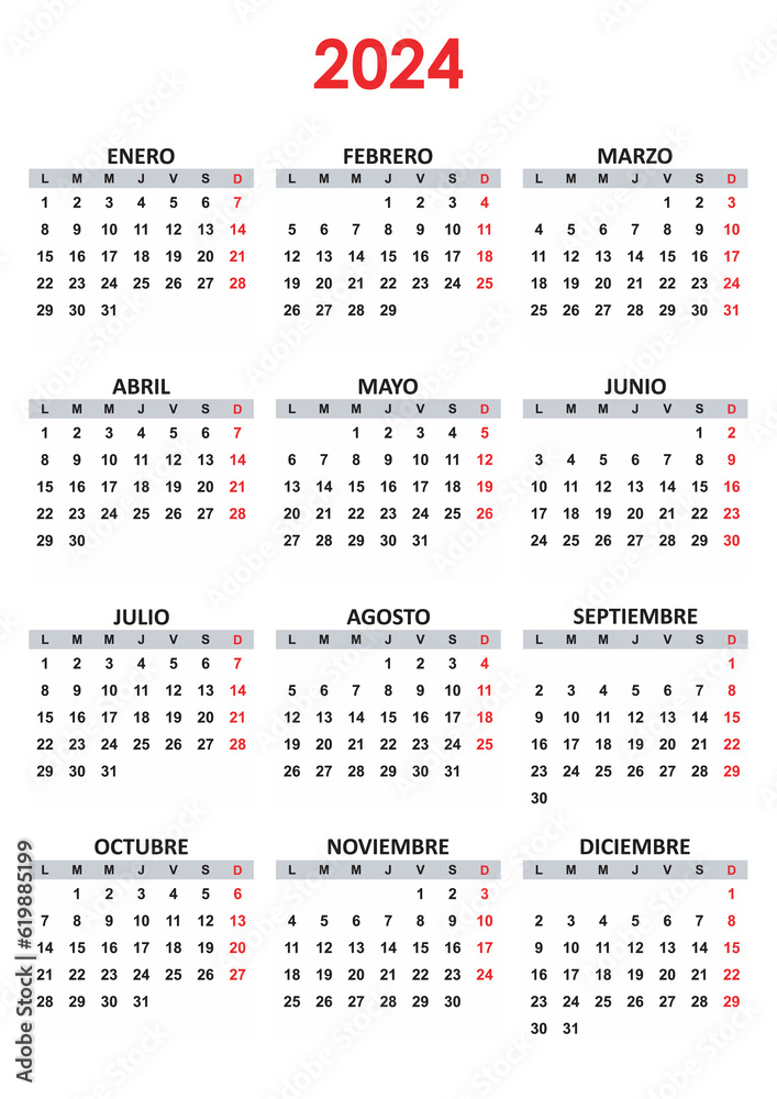 Spanish Yearly calendar. 2024 mockup. Annual Vertical template. First day lunes monday. Classic simple minimal design. Black numbers on white background. Spanish Yearly calendar. 2024 mockup. Annual Vertical template. First day lunes monday. Classic simple minimal design. Black numbers on white background.