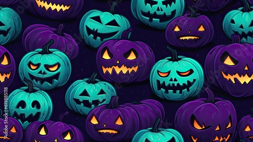 Spooky pumpkin face, festive Halloween celebration, orange, sky-blue and purple jack-o'-lanterns, seamless Halloween pattern