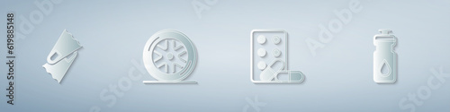 Set Flippers for swimming, Car wheel, Sports doping with dumbbell and Fitness shaker. Paper art style. Vector