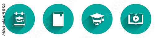 Set Online education, Book, Graduation cap globe and Audio book icon with long shadow. Vector