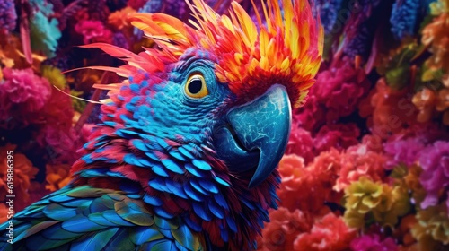 Whimsical wild parrot on amazing colorful background wallpaper, ai © Case