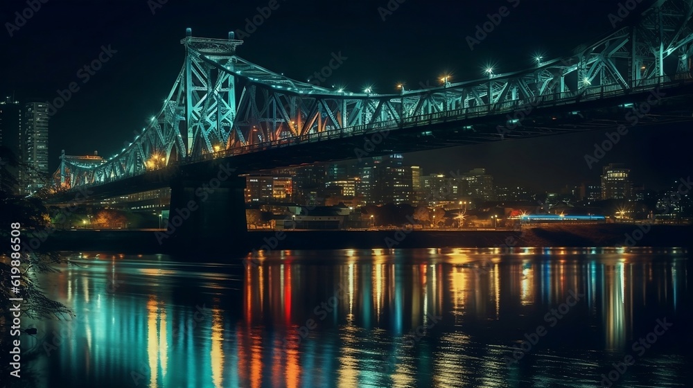Great bridge in the city at night. Generative AI