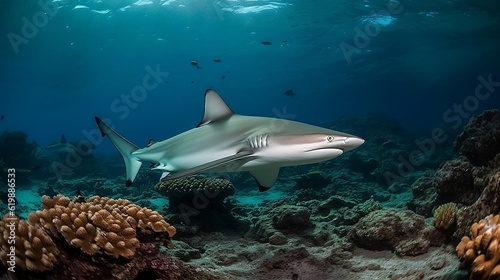Reef  shark is swimming in the sea. Generative AI © Kateryna Kordubailo