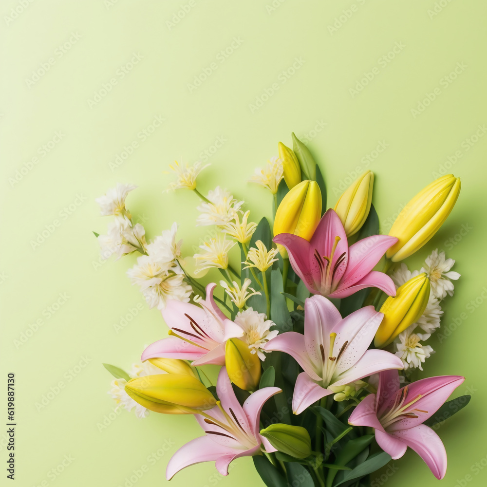 Obraz premium Flowers composition. Frame made of lily flowers on green background. Flat lay, top view, copy space