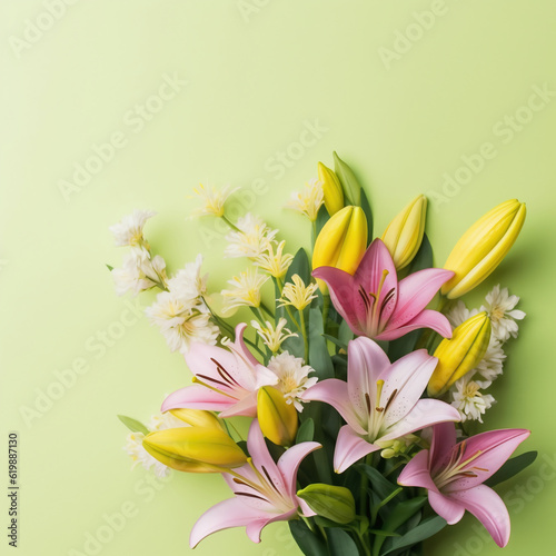 Flowers composition. Frame made of lily flowers on green background. Flat lay, top view, copy space