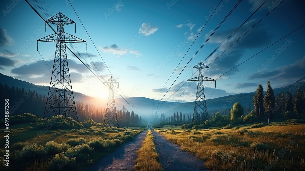 Electricity transmission towers Generative AI - obrazy, fototapety, plakaty 