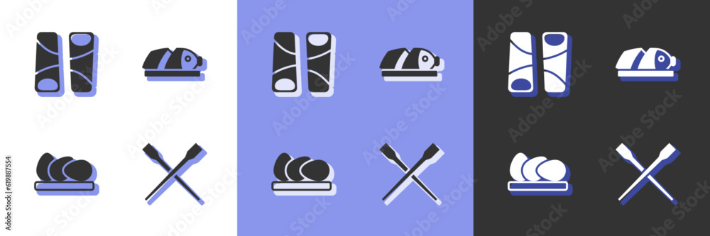 Set Food chopsticks, Guotie, Chicken egg and Fish with sliced pieces icon. Vector Set Food chopsticks, Guotie, Chicken egg and Fish with sliced pieces icon. Vector