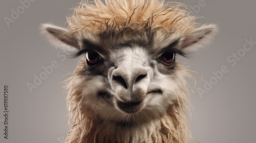 Unamused llama, funny alpaca, isolated on plain background, funny wild animal, ai