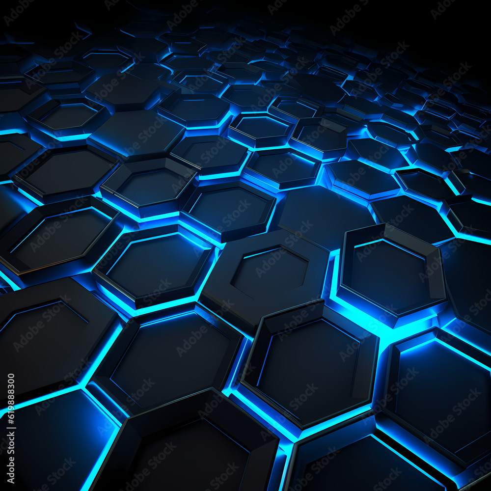 abstract black hexagon blue neon light background abstract black hexagon blue neon light background